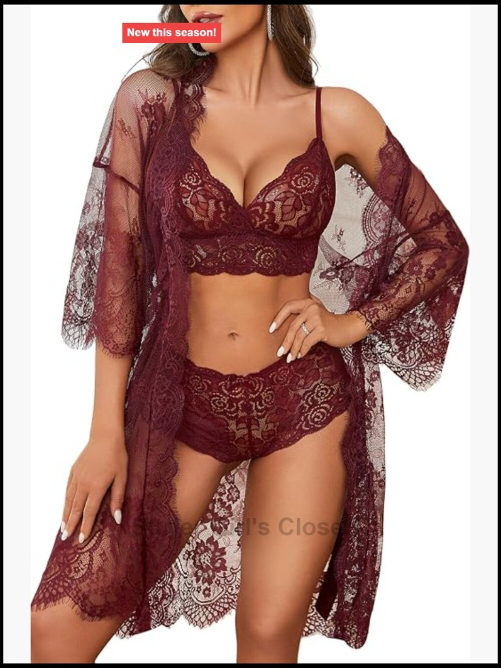 3 Piece Lace Lingerie Set Robe Bra Panty Mesh Sleepwear